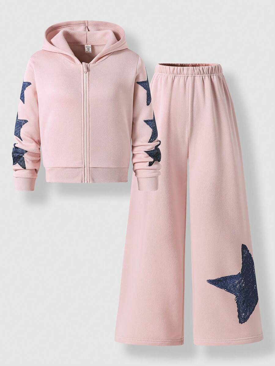 SHEIN Explorewe Conjunto de sudadera con capucha de unicolor con estampado de estrellas para niñas, otoño/invierno - Rosa - Ver 1