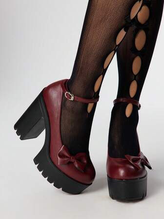Goth Women's Solid Color Leather Closed Toe Platform Chunky Heel Pumps, Fashionable Ankle Strap Buckle Bow Decor Comfortable Commute High Heel Mary Jane Shoes, Spring/Autumn