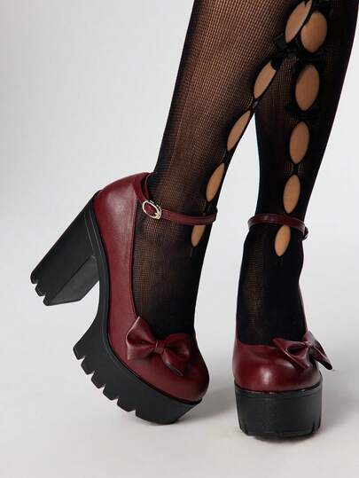 Goth Women's Solid Color Leather Closed Toe Platform Chunky Heel Pumps, Fashionable Ankle Strap Buckle Bow Decor Comfortable Commute High Heel Mary Jane Shoes, Spring/Autumn