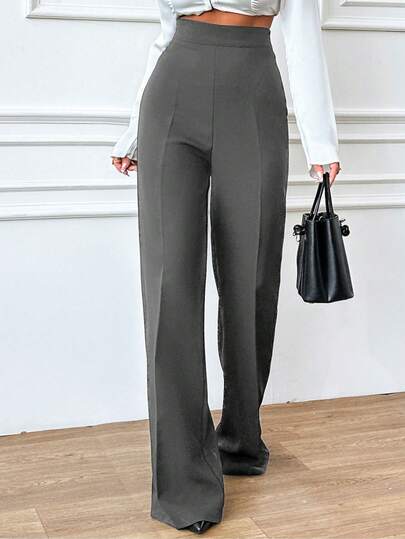 SHEIN Tall Tall Size Women's High-Waist Solid Color Casual Wide-Leg Pants, Full Length