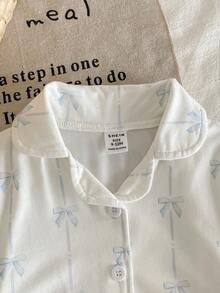 Baby Girls Pajamas-2 Piece Pajama SetWhite Light Blue Bow Print Round Collar Long Sleeve Button Front Long Pants Sleepwear Two Piece Outfit Soft Breathable Gentle Skin Friendly Four Season New Year 2026 Essential Baby Pajamas Cute Pj Set - Blue - View 5