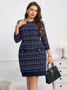 Miaspire Plus Size Women Plaid Round Neck 3/4 Sleeve Straight Casual/Work Dress - Navy Blue - View 4
