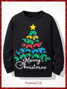 Fantacosmos Tween Boy Holiday Christmas Tree Print Sweatshirt, Warm And Fashionable For Home, Party And Festivals, Autumn/Winter - Black - View 1