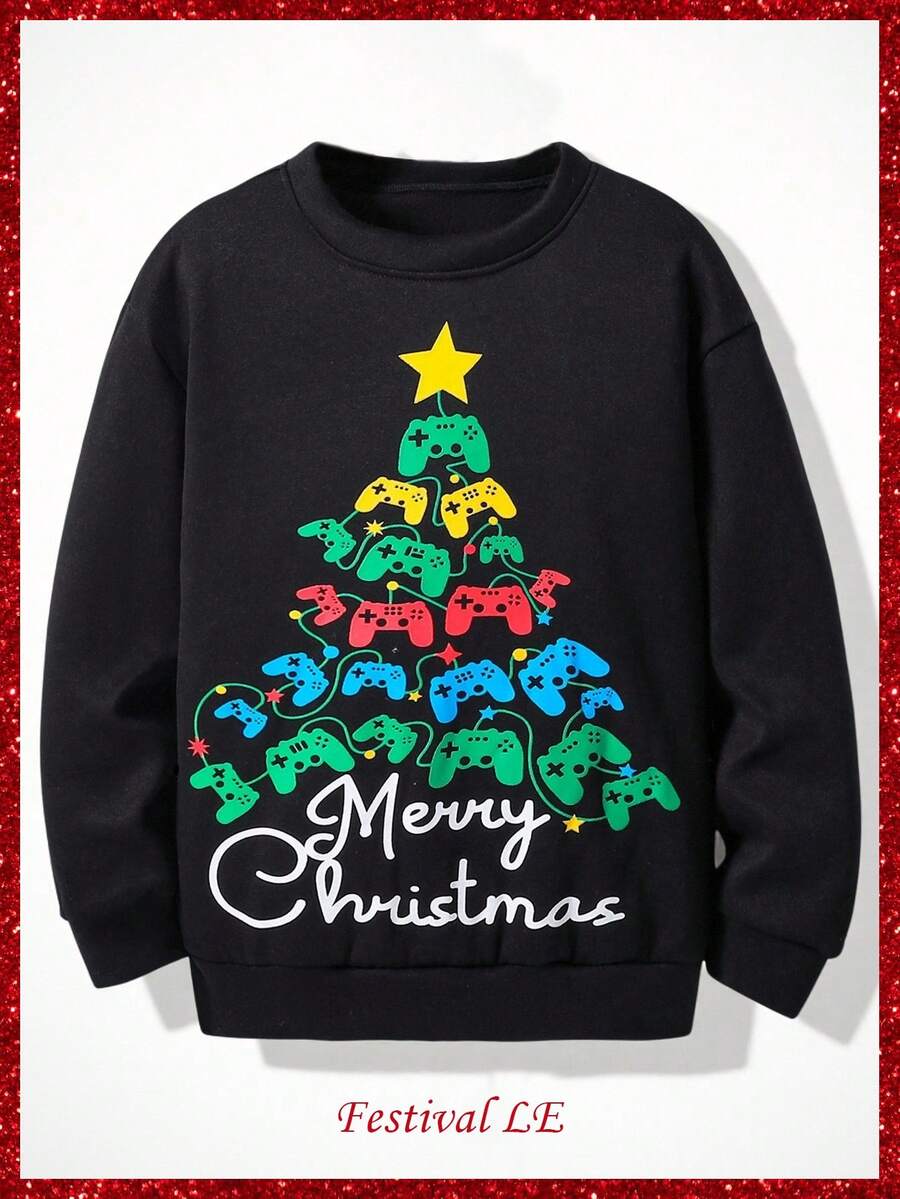 Fantacosmos Tween Boy Holiday Christmas Tree Print Sweatshirt, Warm And Fashionable For Home, Party And Festivals, Autumn/Winter - Black - View 1