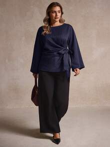 Elegantrix Plus Size Women Striped Tie-Up Flare Sleeve Casual Shirt, Autumn/Winter - Navy Blue - View 3