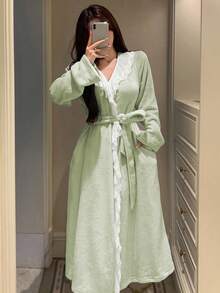 DAZY Women's Long Plush Fluffy Lace Ruffle Hem Patchwork Bathrobe, Winter - Mint Green - View 8