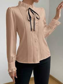 Rafferiza Women's Long Sleeve Pleated Ruffled Tie Neck Blouse, Elegant For Spring & Autumn Women Shirt - Brown - View 3