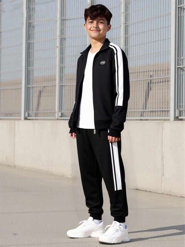 Vacaura 2 piezas Chaqueta de manga larga con cuello alto y cremallera informal para adolescentes varones, combinada con pantalones de tiro con cordón a rayas y parches, adecuado para uso diario y al aire libre