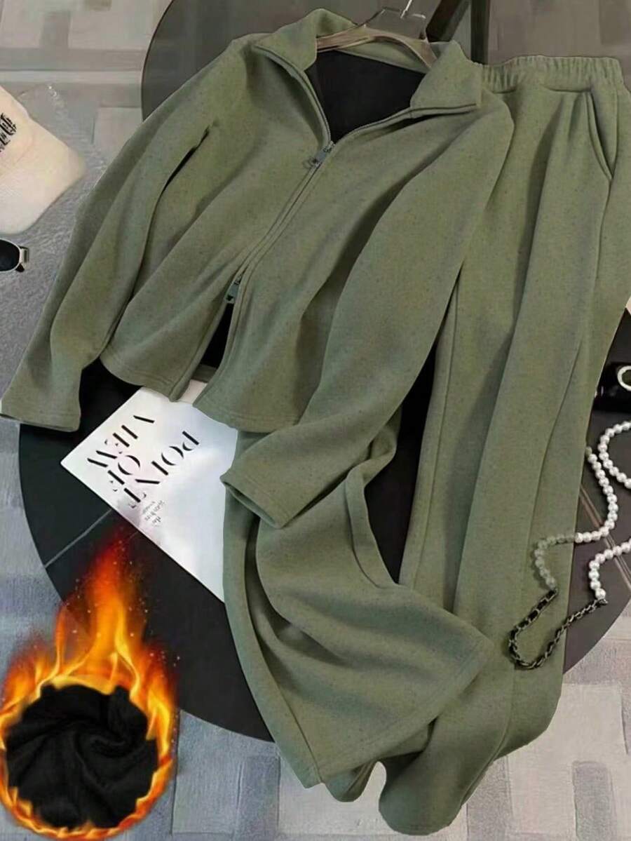 Franclia 2025秋冬新款休闲运动套装女时尚修身简约抓绒拉链连帽衫阔腿裤两件套 - 軍綠色 - 查看 1