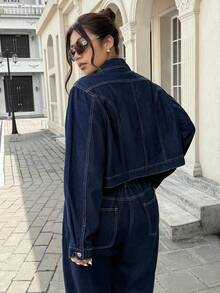 SHEIN ICON Jaket Denim Kasual Wanita Ukuran Besar, Bahan Tidak Melar - Dark Wash - View 2