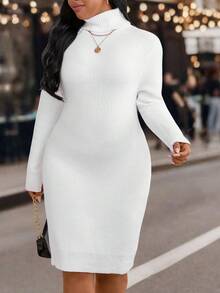 EMERY ROSE Plus Size Women's Casual Everyday Commute Simple Solid Color High Neck Fitted Sweater Dress, Without Belt - White - View 3