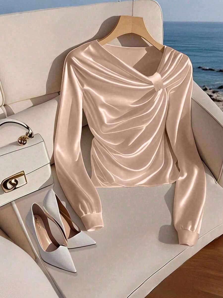 Franclia Women's Casual Poplin Shirt, Asymmetrical Collar Blouse - Pink - View 1