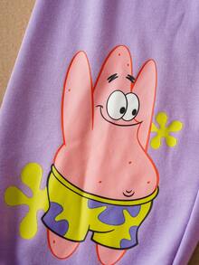 SpongeBob SquarePants | SHEIN Conjunto de sudadera con capucha con cremallera y pantalones con estampado de dibujos animados lindos de color morado para niña preadolescente - Morado - Ver 6