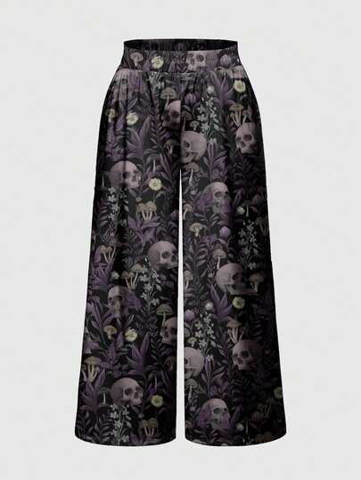 Goth Pantaloni da donna taglie forti con stampa gotica di teschi scuri, funghi, foresta mistica e foglie misteriose
