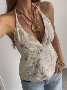 DAZY 女士夏季纹理露背系带休闲度假风吊带背心 Y2K 外出上衣 - 杏色 - 查看 4