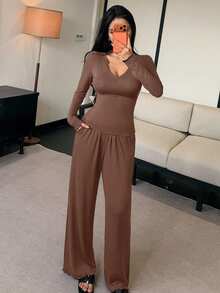 DAZY 2pcs Solid Color Comfortable Knit Long Sleeve Top And Pants Women Pajama Set - Brown - View 5