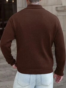 Manfinity Homme 男士四分之一拉链纯色长袖休闲毛衣棕色毛衣男士羊绒衫男装 - 棕色 - 查看 2