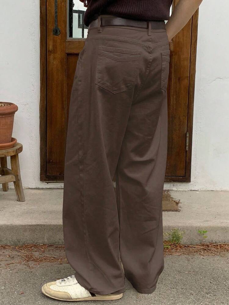 Classic Men's Brown Straight Leg Jeans In Denim Material Plain Long Style Long With Zipper