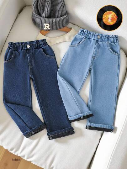 2件套 女童休闲学院风蓝色水洗牛仔直筒裤 松紧腰牛仔裤 女童牛仔裤 保暖内衬