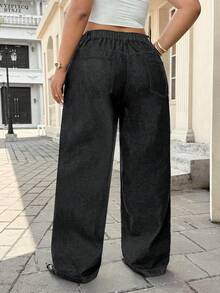 SHEIN ICON 大码女装时尚休闲水洗宽松牛仔裤 - 黑色 - 查看 2