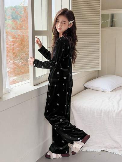 DAZY Tween Girls Star Print Velvet Pajama Set, Autumn/Winter