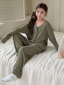 DAZY 少女V领针织长袖上衣和裤子睡衣套装，秋季 - 軍綠色 - 查看 7