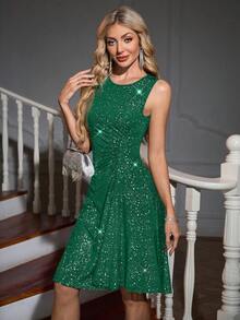 Gownix Women's Round Neck Shiny Pleated Sleeveless Fashion Dress - Dark Green - View 4