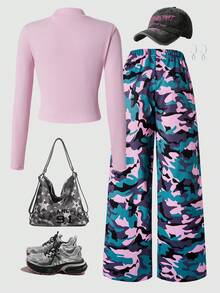 SHEIN Explorewe 两件套：少女街头风字母印花圆领长袖T恤+迷彩印花裤 - 粉色 - 查看 2
