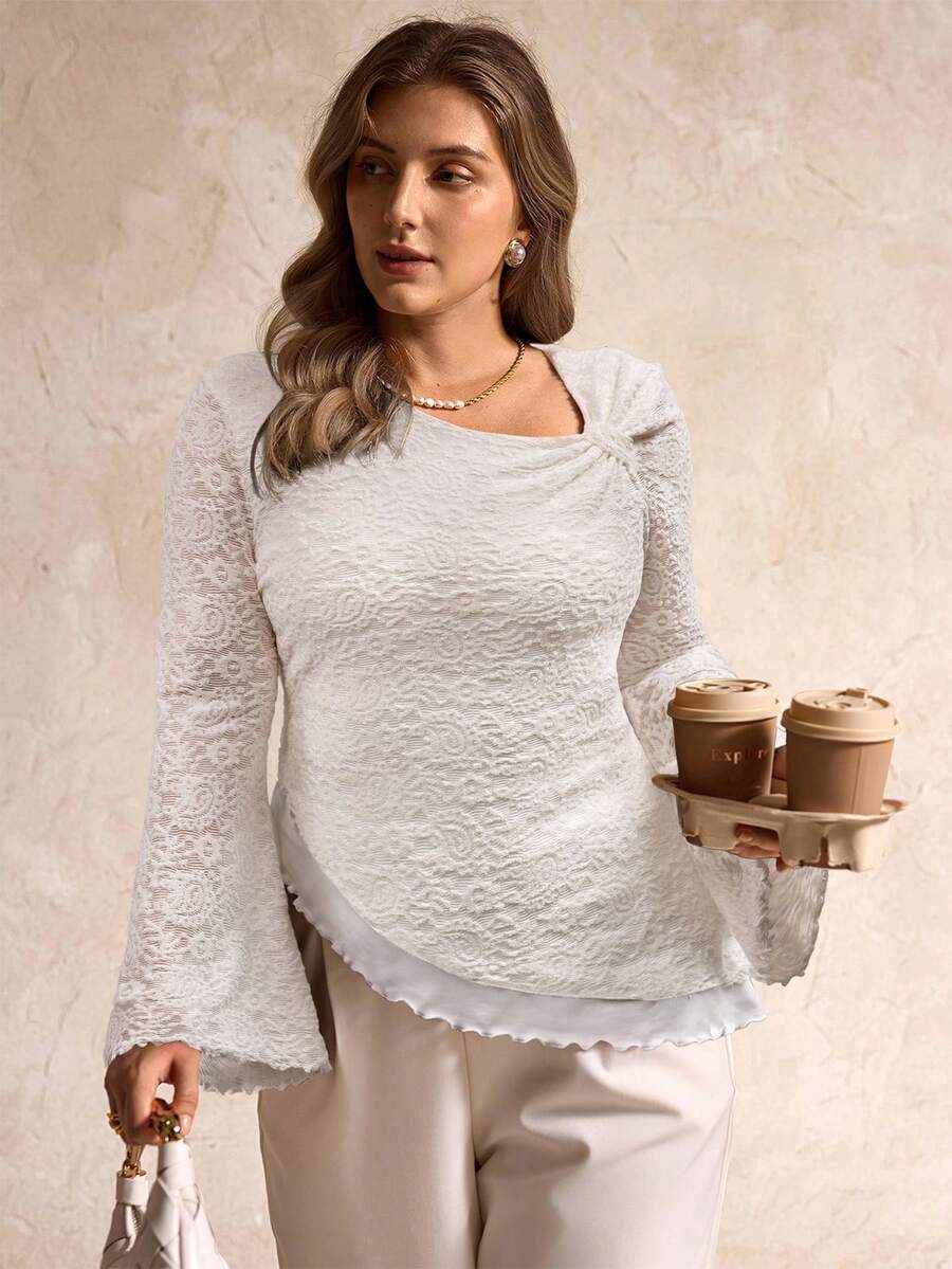 Elegantrix Blusa in maglia con scollo asimmetrico e orlo arricciato, taglie comode per donne - Beige - Visualizzare 1