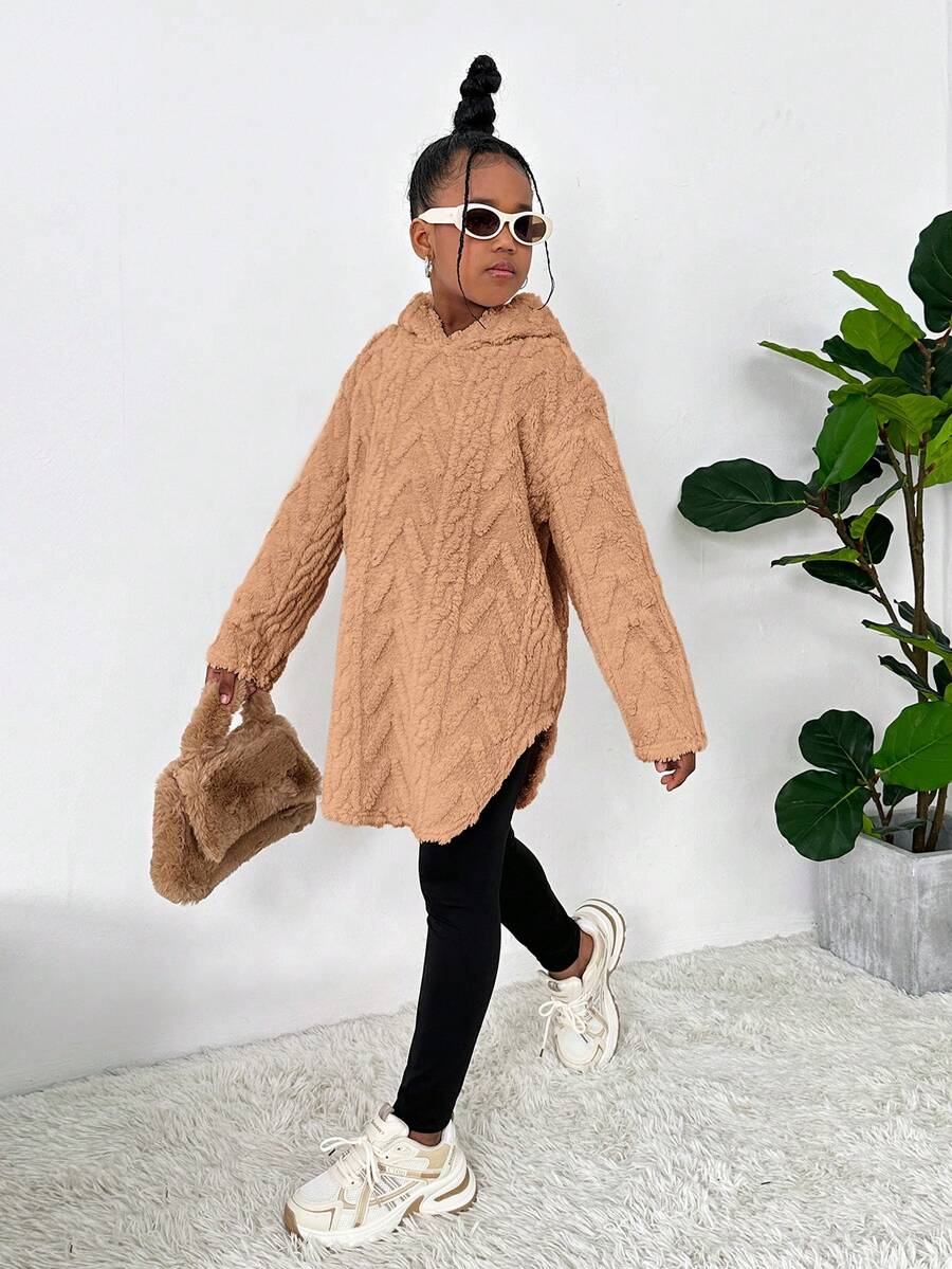 SHEIN Tween女孩 NOVA Store 時尚休閒可正反穿著抓絨秋季連帽衛衣與緊身褲2件套 - 棕色 - 查看 1