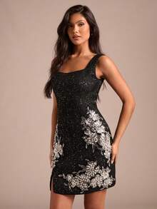 黑色复古时尚百搭女士修身迷你连衣裙 - 黑色 - 查看 7