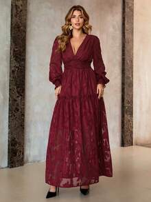 Roveilla Abito lungo elegante in jacquard francese con scollo a V, arricciato, abito da cerimonia in pizzo maxi, abito da cerimonia lungo con maniche a lanterna, abito maxi boho da donna, abito lungo da donna per feste, abito maxi rosso da donna, abito lungo boho per donne