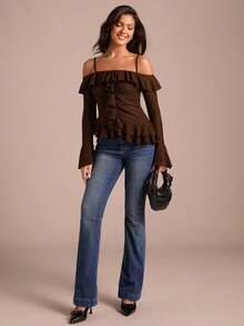 2026 Blusa con volantes y hombros descubiertos de moda para mujer - Marrón - Ver 3