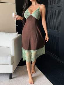 DAZY 迷人撞色蕾丝拼接碎花吊带裙，女士款 - 咖啡棕 - 查看 7