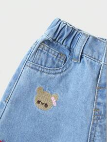 SHEIN Playful Pals Quần jeans ống rộng mùa thu/đông cho bé gái 2-25 tuổi, ống đứng thêu hình trái tim dễ thương, màu đen cổ điển, đen xám, phong cách đường phố đơn giản, cổ điển Y2K - Rửa nhẹ - Xem 3