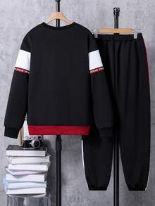 Vacaura Quần thể thao cổ tròn in họa tiết chắp vá cho bé trai tuổi teen, thời trang thường ngày, vải mềm mại và thoải mái, phù hợp cho mùa xuân và mùa thu - Nhiều màu - Xem 2