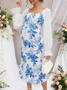 Momance 孕妇休闲碎花长裙 - 藍色 - 查看 6