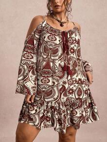 Freevana 大码复古休闲佩斯利印花露肩连衣裙，秋季 - 杏色 - 查看 6