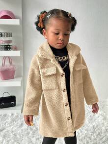 SHEIN Playful Pals 女宝宝厚羊毛长外套，百搭日常穿着，适合外出，秋冬 - 卡其色 - 查看 5
