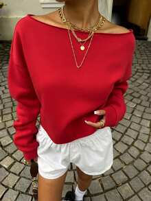 SHEIN EZwear Women's Fashion Off-Shoulder Short Sweatshirt, Suitable For Fitness, Dancing, Casual Wear, Autumn/Winter, Loose Fit Crew Neck Long Sleeve Pullover,Christmas - Red - View 5