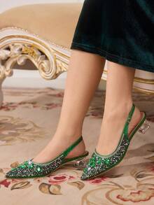 CUCCOO TILAWA Tacones altos elegantes con diseño de hebilla y rhinestones en la punta para mujer - Verde - Ver 3
