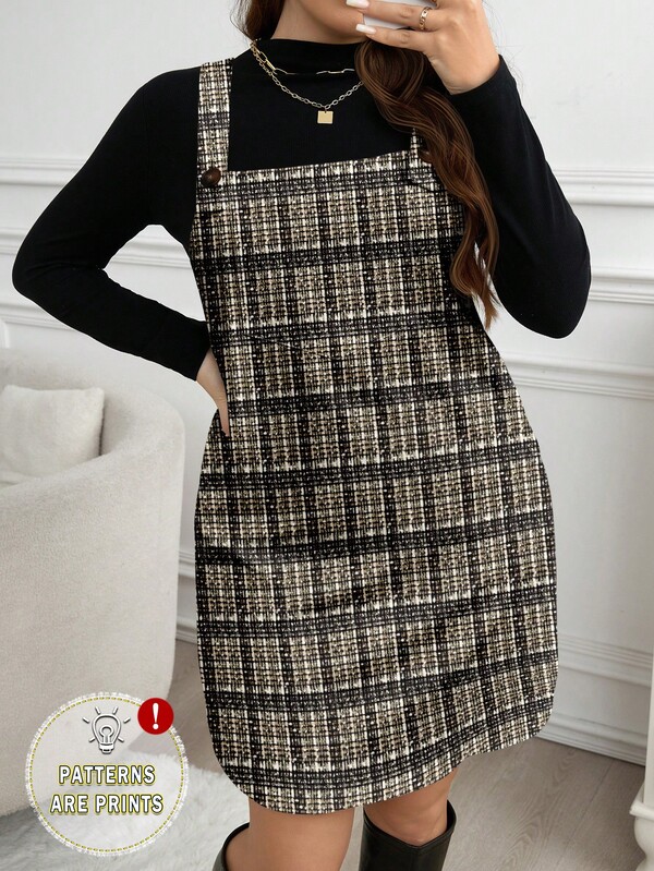 SHEIN LUNE Vestido casual de mujer talla grande con estampado de cuadros, adecuado para otoño/invierno