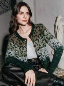 Anewsta Rhinestone Leopard Print Fuzzy Knit Cardigan - Green - View 7