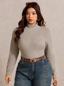 Elaquor Plus Size Women Solid Color Knit Undershirt T-Shirt, Autumn/Winter - Apricot - View 6