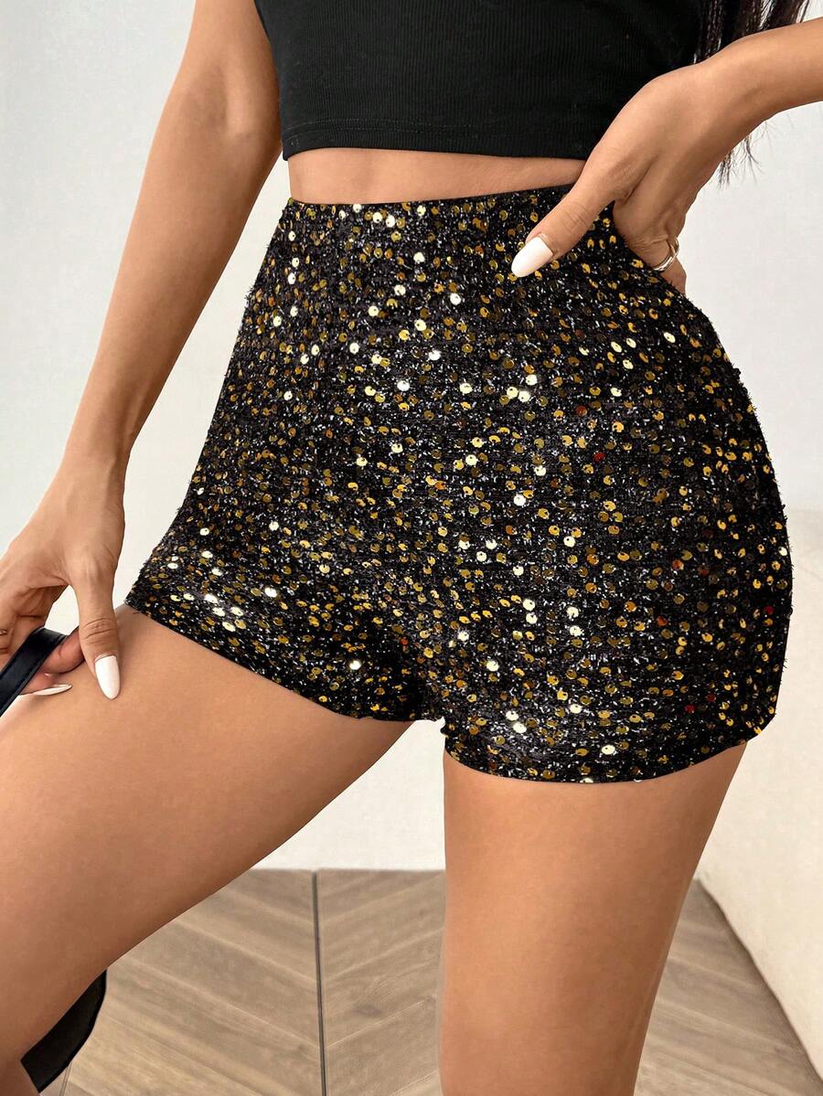 SHEIN EZwear 黑色和金色女士亮片针织派对短裤 - 金色 - 查看 1