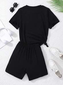 2pcs/Set Girls Letter & Number Print Round Neck Short Sleeve T-Shirt And Shorts Set - Black - View 2