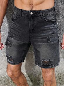 Manfinity Homme Men's Denim Shorts, Fashion Suitable For Summer Black Shorts Men S Ripped Shorts - Black - View 3