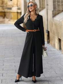 SHEIN Clasi Women's V-Neck Drop Shoulder Long Sleeve Loose Jumpsuit Fall Winter Clothes Party New Year Outfit Christmas - Black - View 1