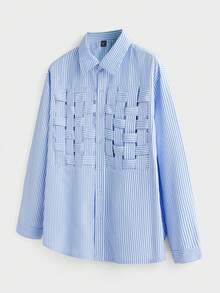 EASEVO Plus Size Men's Striped Print Button-Front Blue Woven Long Sleeve Shirt - Blue - View 9