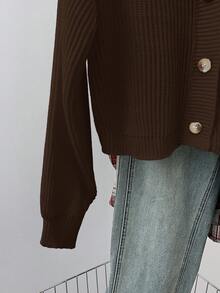 SHEIN Teen Girls' Solid V-Neck Cropped Casual Loose Drop Shoulder Long Sleeve Cardigan Sweater, Autumn - Brown - View 6